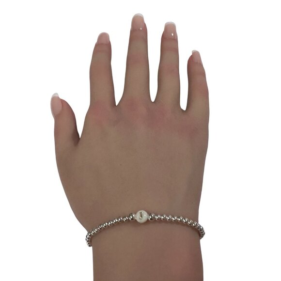 925 Sterling Silver Beaded Stretch Stacking Bracelet MOP Letter Initial J - Picture 6 of 6